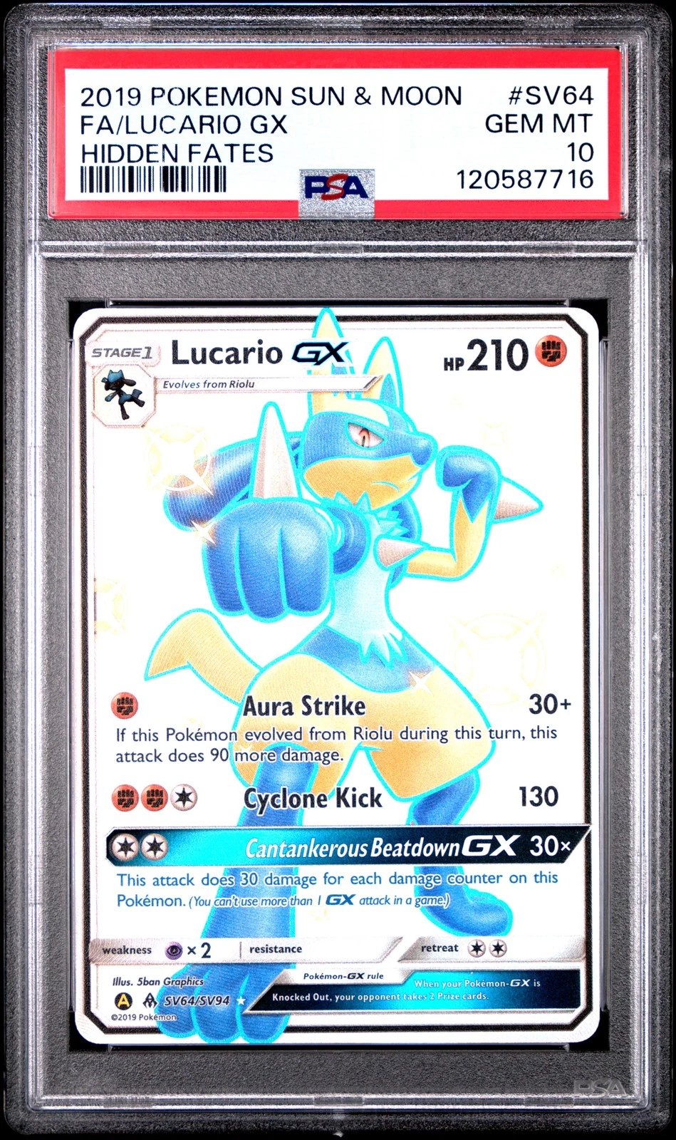 Pokemon 2019 Lucario GX Full Art Hidden Fates #SV64 PSA 10 Sun & Moon